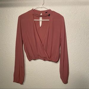 Forever 21 Crop Top Mauve Pink Long Sleeve Wrap Top Blouse Crossover